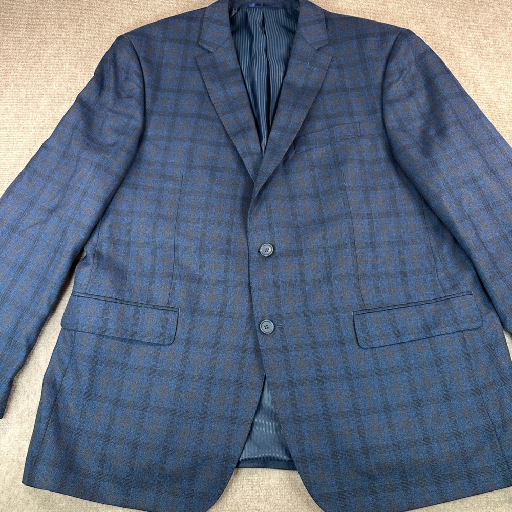 Bertolini Mens Blue Brown Plaid Wool Silk Blend cocktail Blazer Sport Coat 46R